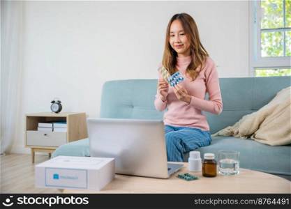 Telehealth. Asian young woman sick using laptop for video conference to doctor consultation asking about illness and medication, Telemedicine healthcare and online to hospital