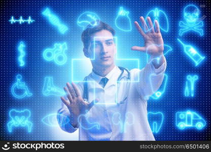 Telemedicine concept with doctor pressing virtual buttons