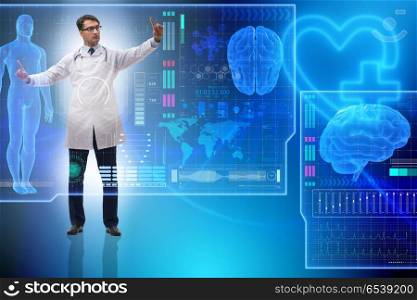 Telemedicine concept with doctor pressing virtual buttons