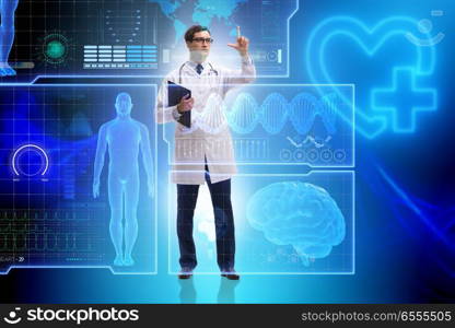 Telemedicine concept with doctor pressing virtual buttons