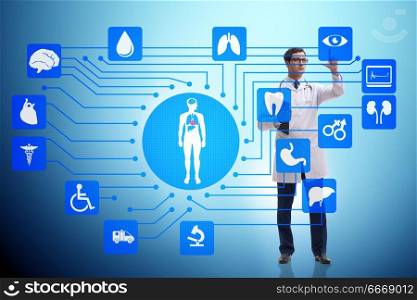 Telemedicine concept with doctor pressing virtual buttons