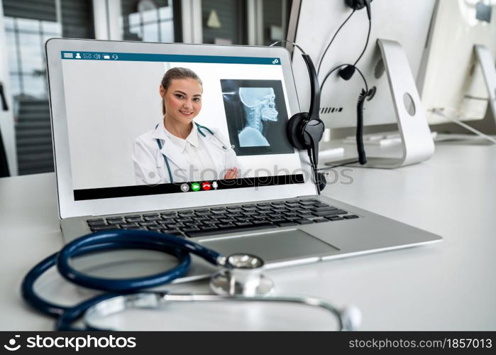 Telemedicine service online video call for doctor to actively chat with patient via remote healthcare consultant software . People can use app to contact doctors for virtual meeting from home .. Telemedicine