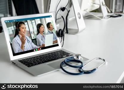 Telemedicine service online video call for doctor to actively chat with patient via remote healthcare consultant software . People can use app to contact doctors for virtual meeting from home .. Telemedicine