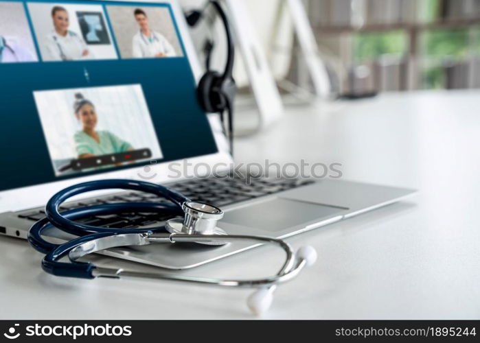 Telemedicine service online video call for doctor to actively chat with patient via remote healthcare consultant software . People can use app to contact doctors for virtual meeting from home .. Telemedicine