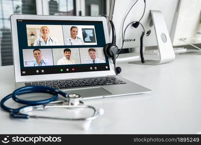 Telemedicine service online video call for doctor to actively chat with patient via remote healthcare consultant software . People can use app to contact doctors for virtual meeting from home .. Telemedicine