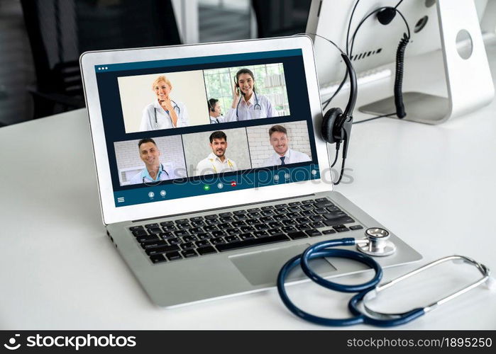 Telemedicine service online video call for doctor to actively chat with patient via remote healthcare consultant software . People can use app to contact doctors for virtual meeting from home .. Telemedicine