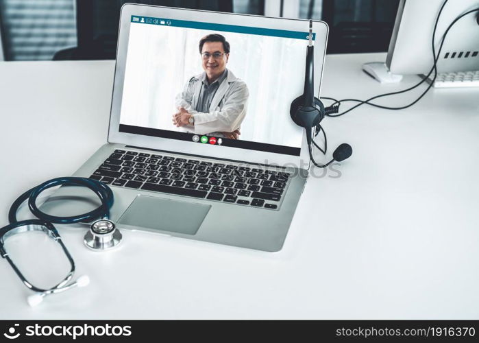 Telemedicine service online video call for doctor to actively chat with patient via remote healthcare consultant software . People can use app to contact doctors for virtual meeting from home .. Telemedicine