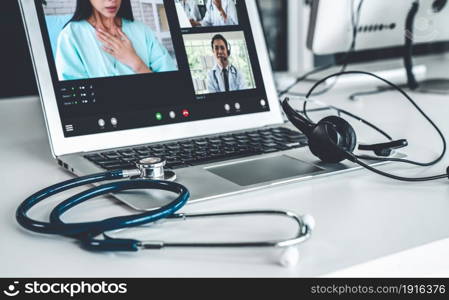 Telemedicine service online video call for doctor to actively chat with patient via remote healthcare consultant software . People can use app to contact doctors for virtual meeting from home .. Telemedicine