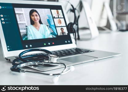 Telemedicine service online video call for doctor to actively chat with patient via remote healthcare consultant software . People can use app to contact doctors for virtual meeting from home .. Telemedicine