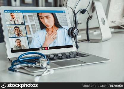 Telemedicine service online video call for doctor to actively chat with patient via remote healthcare consultant software . People can use app to contact doctors for virtual meeting from home .. Telemedicine