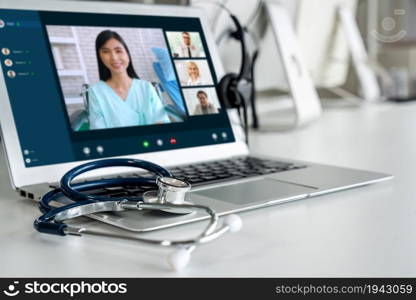 Telemedicine service online video call for doctor to actively chat with patient via remote healthcare consultant software . People can use app to contact doctors for virtual meeting from home .. Telemedicine