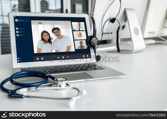 Telemedicine service online video call for doctor to actively chat with patient via remote healthcare consultant software . People can use app to contact doctors for virtual meeting from home .. Telemedicine