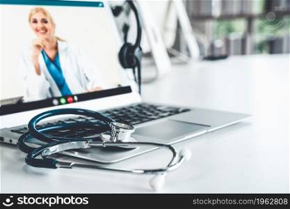 Telemedicine service online video call for doctor to actively chat with patient via remote healthcare consultant software . People can use app to contact doctors for virtual meeting from home .. Telemedicine