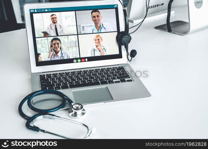 Telemedicine service online video call for doctor to actively chat with patient via remote healthcare consultant software . People can use app to contact doctors for virtual meeting from home .. Telemedicine