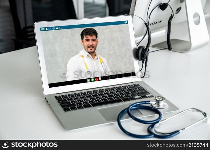 Telemedicine service online video call for doctor to actively chat with patient via remote healthcare consultant software . People can use app to contact doctors for virtual meeting from home .. Telemedicine service online video call for doctor to actively chat with patient