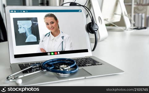 Telemedicine service online video call for doctor to actively chat with patient via remote healthcare consultant software . People can use app to contact doctors for virtual meeting from home .. Telemedicine service online video call for doctor to actively chat with patient