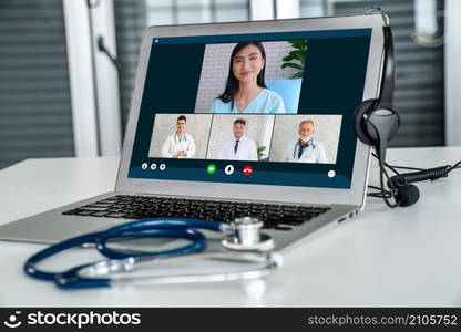 Telemedicine service online video call for doctor to actively chat with patient via remote healthcare consultant software . People can use app to contact doctors for virtual meeting from home .. Telemedicine service online video call for doctor to actively chat with patient