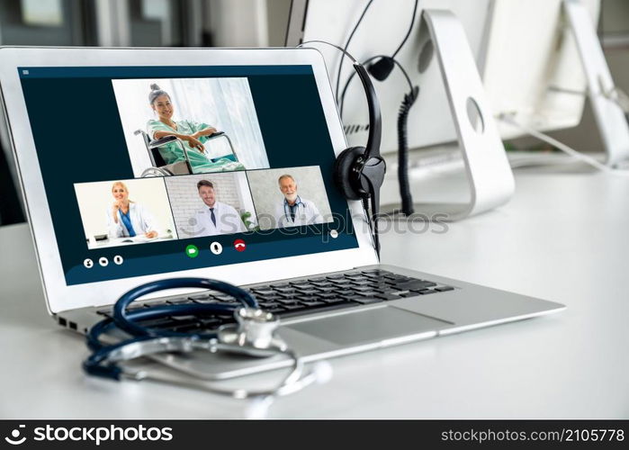 Telemedicine service online video call for doctor to actively chat with patient via remote healthcare consultant software . People can use app to contact doctors for virtual meeting from home .. Telemedicine service online video call for doctor to actively chat with patient