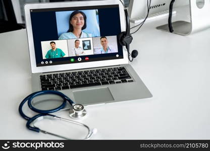 Telemedicine service online video call for doctor to actively chat with patient via remote healthcare consultant software . People can use app to contact doctors for virtual meeting from home .. Telemedicine service online video call for doctor to actively chat with patient