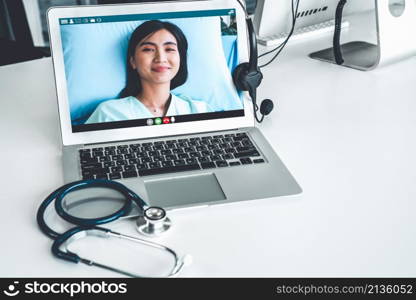 Telemedicine service online video call for doctor to actively chat with patient via remote healthcare consultant software . People can use app to contact doctors for virtual meeting from home .. Telemedicine service online video call for doctor to actively chat with patient