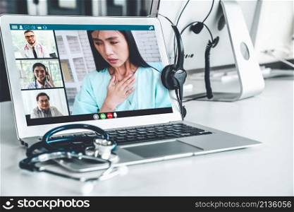 Telemedicine service online video call for doctor to actively chat with patient via remote healthcare consultant software . People can use app to contact doctors for virtual meeting from home .. Telemedicine service online video call for doctor to actively chat with patient