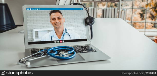 Telemedicine service online video call for doctor to actively chat with patient via remote healthcare consultant software . People can use app to contact doctors for virtual meeting from home .. Telemedicine service online video call for doctor to actively chat with patient