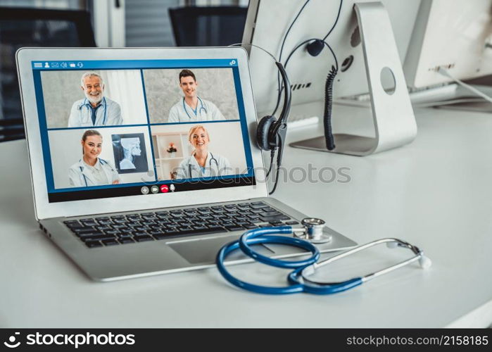 Telemedicine service online video call for doctor to actively chat with patient via remote healthcare consultant software . People can use app to contact doctors for virtual meeting from home .. Telemedicine service online video call for doctor to actively chat with patient