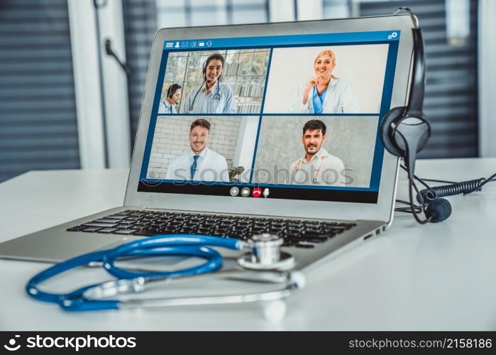 Telemedicine service online video call for doctor to actively chat with patient via remote healthcare consultant software . People can use app to contact doctors for virtual meeting from home .. Telemedicine service online video call for doctor to actively chat with patient