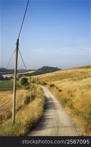 Telephone poles beside dirt road leading through rolling hills in countryside of Tuscany, Italy.
