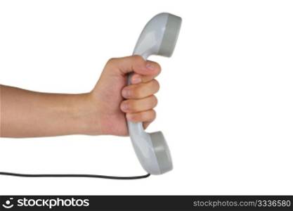 Telephone receiver in hand, isolated on white background, help line Information Support Concepts