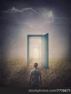 Teleportation doors concept. Rear view of a person standing in front of a doorway in the land, as seen in the mirror like a portal to another world. Magical and surreal scene with spooky lightnings