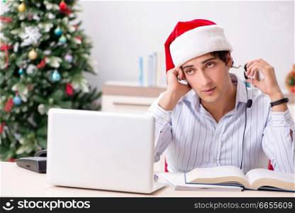 Telesales operator during christmas sale on the phone