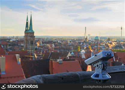 Telescope in the Nuremberg castle, view of the city, church, sky, clouds&#xA;