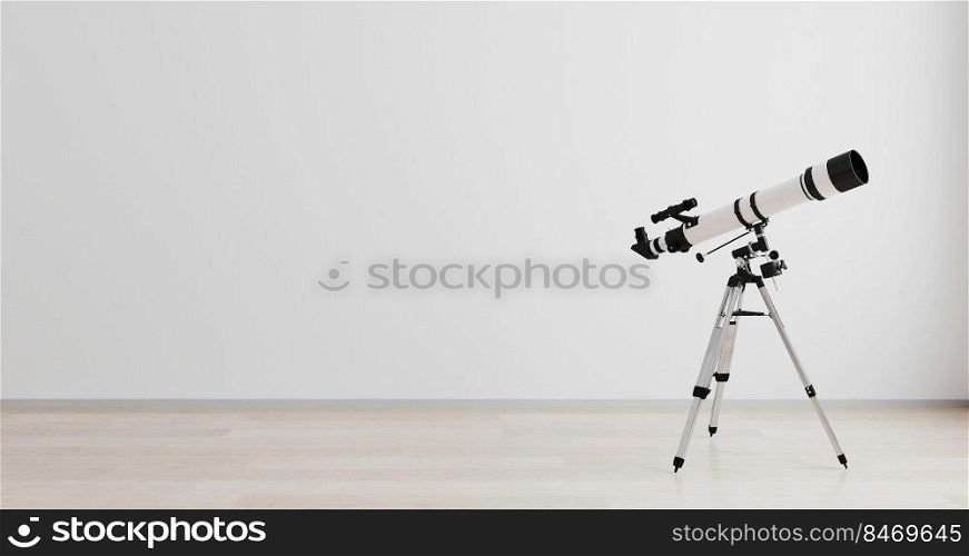 telescope standing in bright room interior, telescope with white empty wall, mockup, 3d render, astronomy concept