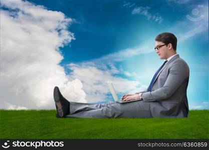 Teleworking concept with businessman working on grass