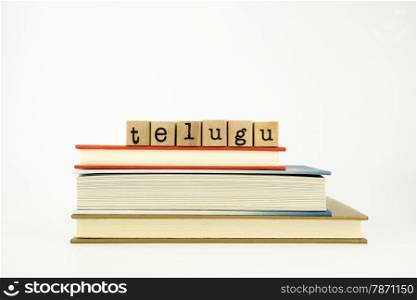 telugu word on wood stamps stack on books, conversation and translation concept