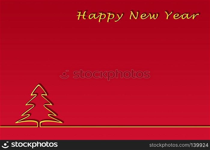 Template for congratulations on the New Year. Gold lettering of a happy Christmas and contour of a Christmas tree, red gradient background