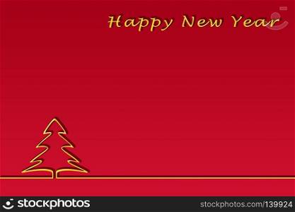 Template for congratulations on the New Year. Gold lettering of a happy Christmas and contour of a Christmas tree, red gradient background