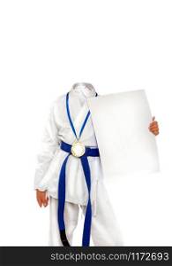 template of a young karateka in a white kimono and a blue belt for competitions with a medal and a diploma with an empty place instead of a face in order to insert the photo you need