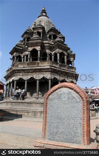 Temple amd sign of Durbar square in Patan, Nepal
