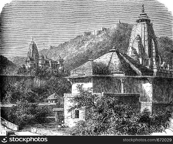 Temple in the Amber Valley, vintage engraved illustration. Le Tour du Monde, Travel Journal, (1872).