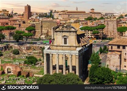 Temple of Antoninus and Faustina in the Roman Forum, Rome, Italy.