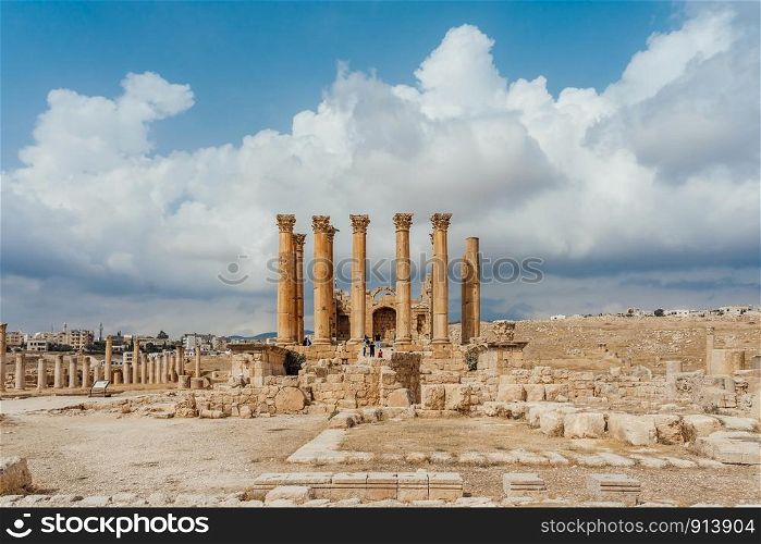 Temple of Artemis in the ancient Roman city of Gerasa, preset-day Jerash, Jordan. It is located about 48 km north of the capital Amman.