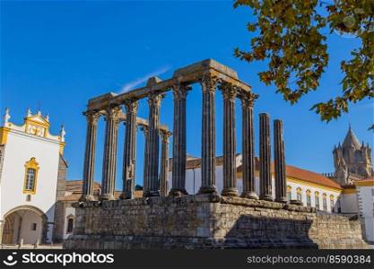 Temple of Diana, the Roman temple of Evora dedicated to the cult of Emperor Augustus, the most famous landmark of Evora. Portugal