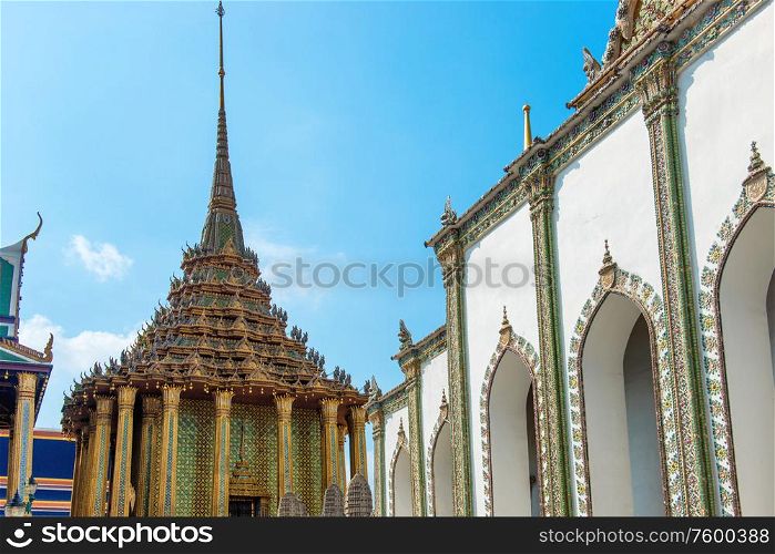 Temple of Emerald Buddha with library and Wiharn Yod. Bangkok, Thailand