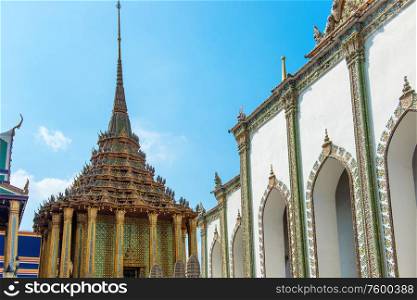 Temple of Emerald Buddha with library and Wiharn Yod. Bangkok, Thailand
