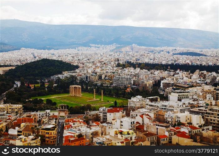 Temple of Olympian Zeus in Athens, Greece on an overcast day