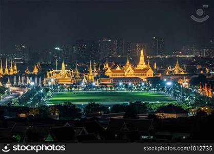 Temple of the Emerald Buddha, Grand palace, Wat Pho, Temple of Dawn, and Sanam Luang, Wat Phra Kaew, and skyscraper buildings. Bangkok City in downtown area at night, Thailand. Buddhist temple.