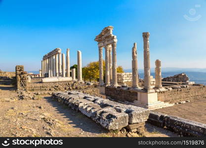 Temple of Trajan in ancient city Pergamon, Bergama, Turkey in a beautiful summer day