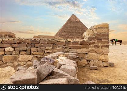 Temple ruins and the Pyramid of Khafre, Giza, Egypt.. Temple ruins and the Pyramid of Khafre, Giza, Egypt